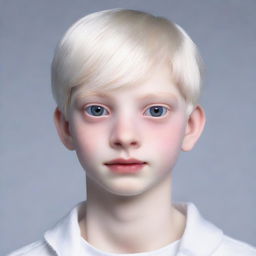 Hyperrealistic portrait of a 17-year-old boy named Nate River. He is slim, pale skinned with a doll-like complexion, oval face with soft features, expressive large eyes of a light color, white hair that falls straight. He is dressed in white clothes.