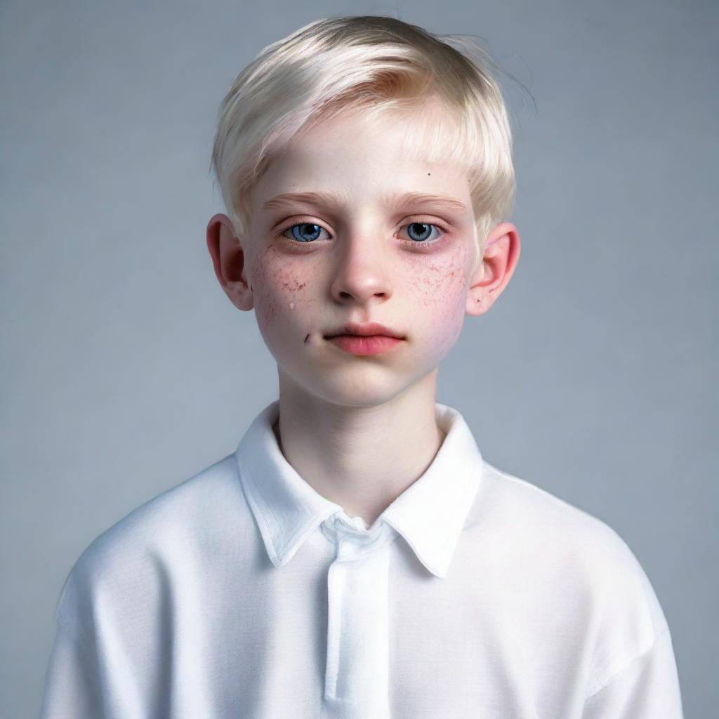 Hyperrealistic portrait of a 17-year-old boy named Nate River. He is slim, pale skinned with a doll-like complexion, oval face with soft features, expressive large eyes of a light color, white hair that falls straight. He is dressed in white clothes.