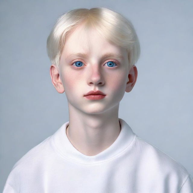 Hyperrealistic portrait of a 17-year-old boy named Nate River. He is slim, pale skinned with a doll-like complexion, oval face with soft features, expressive large eyes of a light color, white hair that falls straight. He is dressed in white clothes.