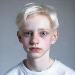 Hyperrealistic portrait of a 17-year-old boy named Nate River. He is slim, pale skinned with a doll-like complexion, oval face with soft features, expressive large eyes of a light color, white hair that falls straight. He is dressed in white clothes.