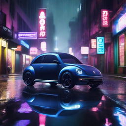 An image of a dark indigo blue Volkswagen New Beetle parked on a rain-soaked cyberpunk dystopian street at night, with water reflections and neon lights creating an atmospheric glow.