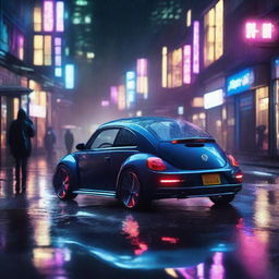 An image of a dark indigo blue Volkswagen New Beetle parked on a rain-soaked cyberpunk dystopian street at night, with water reflections and neon lights creating an atmospheric glow.