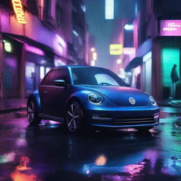 An image of a dark indigo blue Volkswagen New Beetle parked on a rain-soaked cyberpunk dystopian street at night, with water reflections and neon lights creating an atmospheric glow.