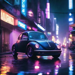 An image of a dark indigo blue Volkswagen New Beetle parked on a rain-soaked cyberpunk dystopian street at night, with water reflections and neon lights creating an atmospheric glow.