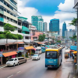 A vibrant cityscape in the Philippines, bustling with new businesses and infrastructure, showcasing growth and increased employment. Excited and satisfied citizens engage in various occupations.