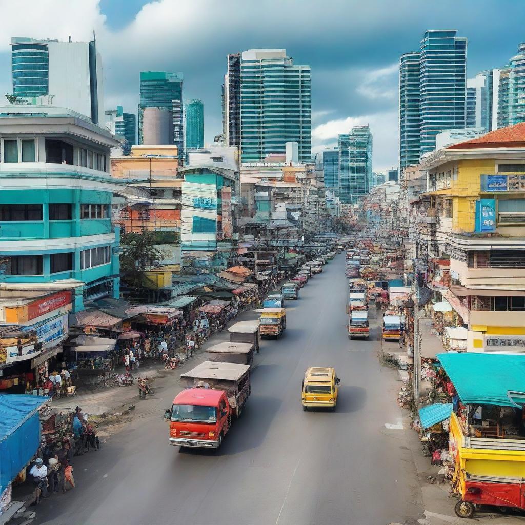 A vibrant cityscape in the Philippines, bustling with new businesses and infrastructure, showcasing growth and increased employment. Excited and satisfied citizens engage in various occupations.