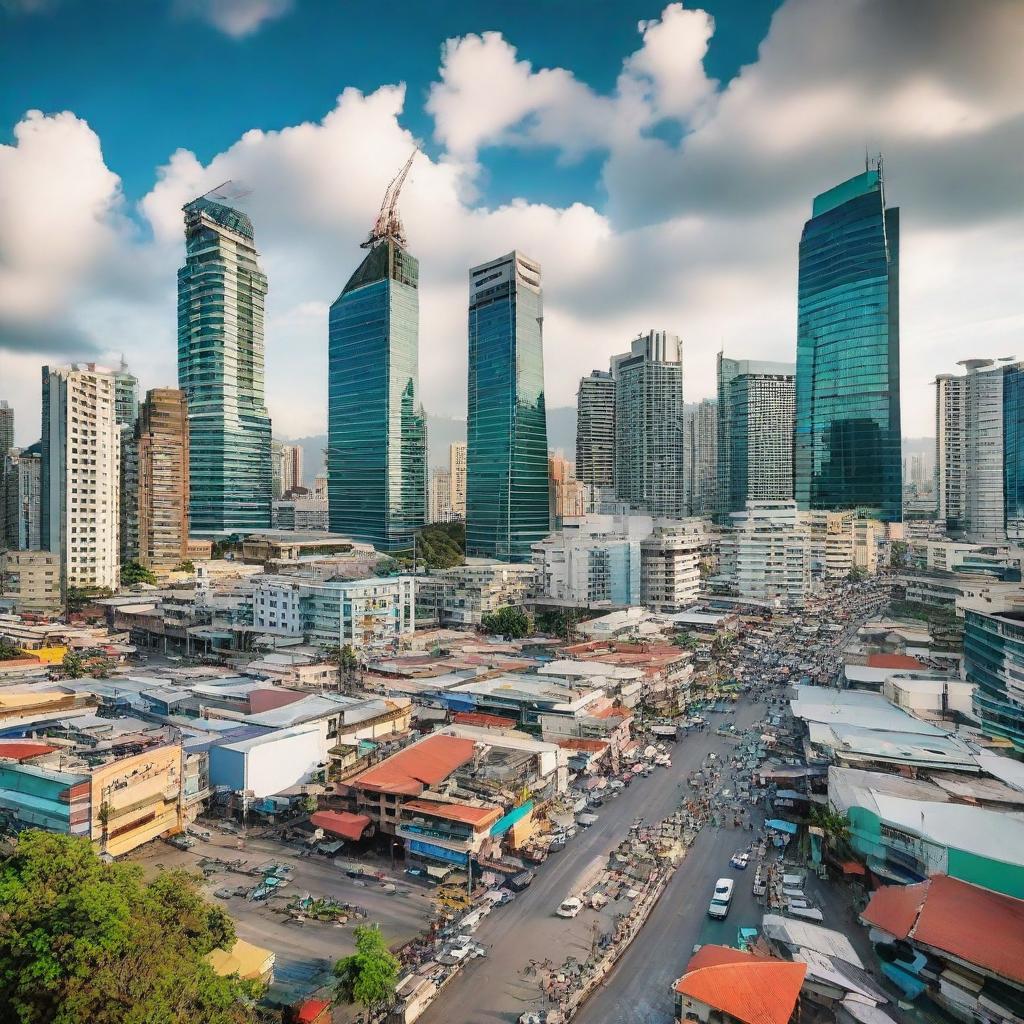 A vibrant cityscape in the Philippines, bustling with new businesses and infrastructure, showcasing growth and increased employment. Excited and satisfied citizens engage in various occupations.