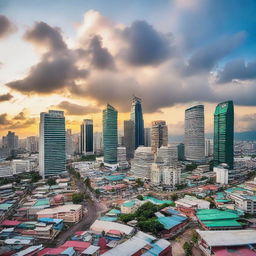 A vibrant cityscape in the Philippines, bustling with new businesses and infrastructure, showcasing growth and increased employment. Excited and satisfied citizens engage in various occupations.