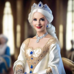 A regal princess with shimmering white hair dressed in a stunning royal attire.