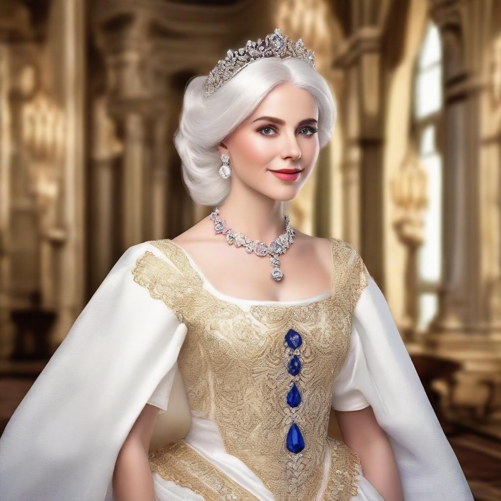 A regal princess with shimmering white hair dressed in a stunning royal attire.