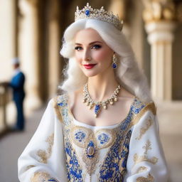 A regal princess with shimmering white hair dressed in a stunning royal attire.