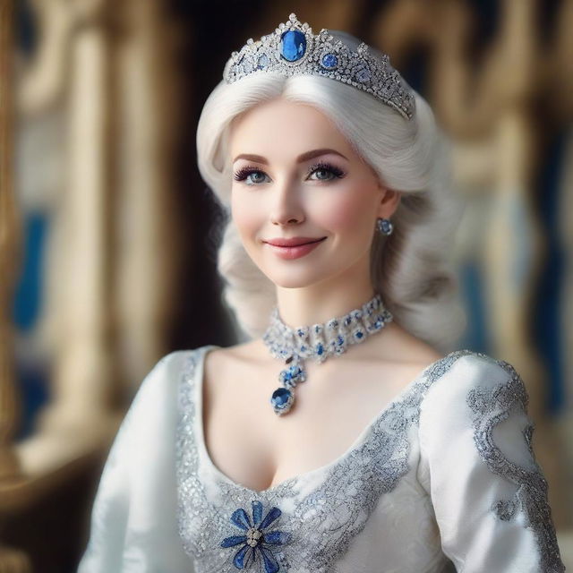 A regal princess with shimmering white hair dressed in a stunning royal attire.