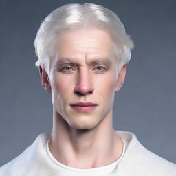 Hyperrealistic portrait of young adult, Nate River. He has a slim physique, pale doll-like complexion, oval face with subtle features, expressionless demeanor, silver-white hair that falls straight, with striking large light-colored eyes. He is clad in white clothing.