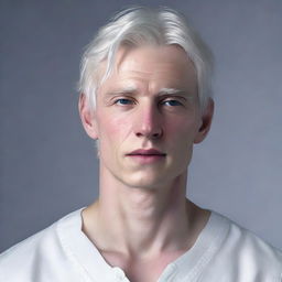 Hyperrealistic portrait of young adult, Nate River. He has a slim physique, pale doll-like complexion, oval face with subtle features, expressionless demeanor, silver-white hair that falls straight, with striking large light-colored eyes. He is clad in white clothing.