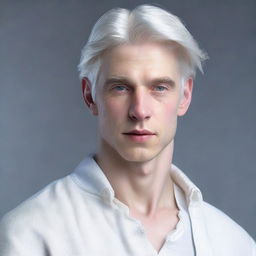 Hyperrealistic portrait of young adult, Nate River. He has a slim physique, pale doll-like complexion, oval face with subtle features, expressionless demeanor, silver-white hair that falls straight, with striking large light-colored eyes. He is clad in white clothing.