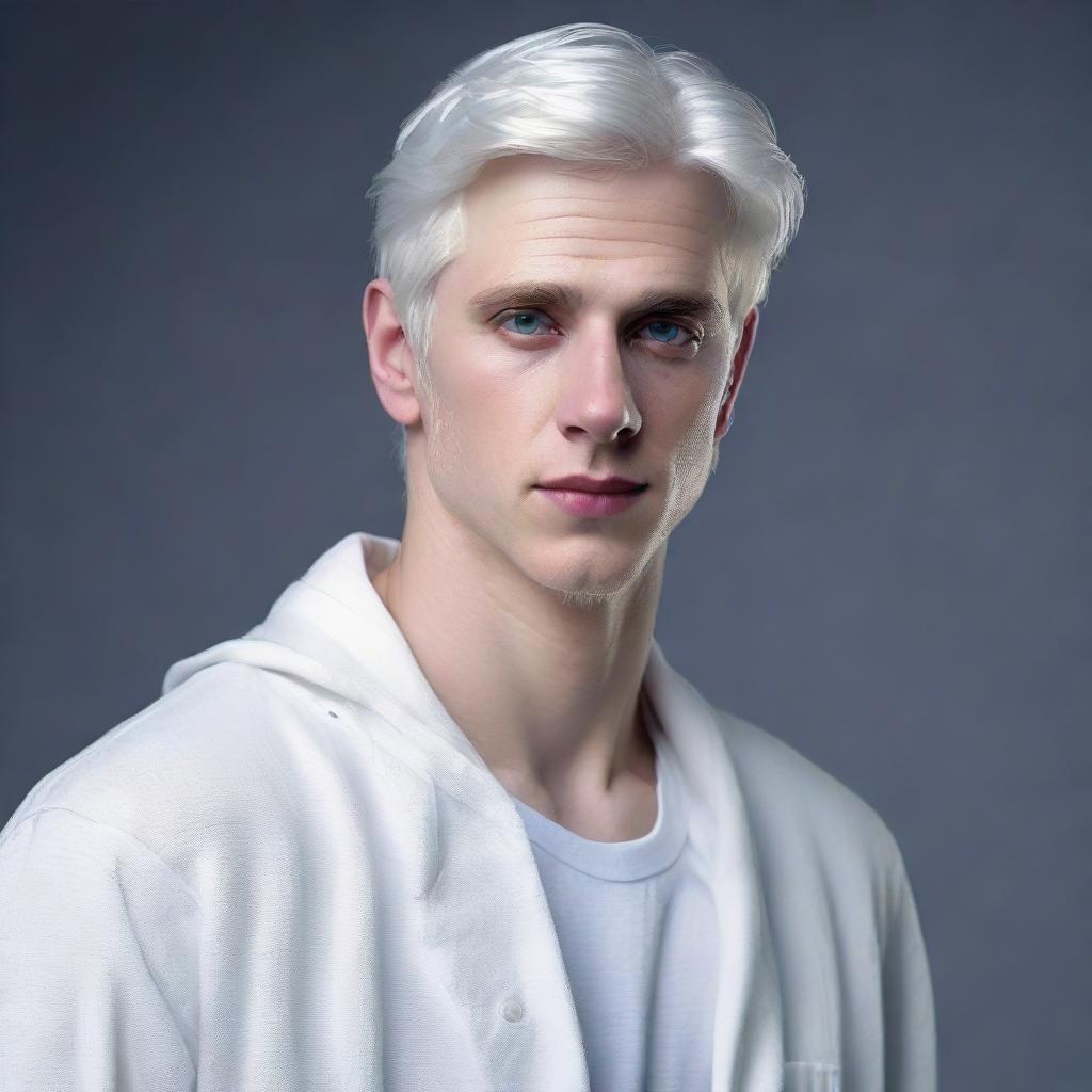 Hyperrealistic portrait of young adult, Nate River. He has a slim physique, pale doll-like complexion, oval face with subtle features, expressionless demeanor, silver-white hair that falls straight, with striking large light-colored eyes. He is clad in white clothing.