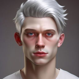 A hyperrealistic portrait of an adult Nate River who is slim, possessing light-colored, oversized, and expressionless eyes. His oval face displaying soft features complements his doll-like pale skin. His silvery-white straight hair falls elegantly with him usually adorned in white clothing.