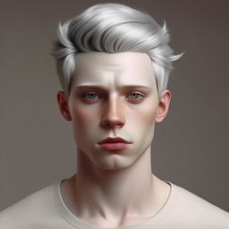 A hyperrealistic portrait of an adult Nate River who is slim, possessing light-colored, oversized, and expressionless eyes. His oval face displaying soft features complements his doll-like pale skin. His silvery-white straight hair falls elegantly with him usually adorned in white clothing.