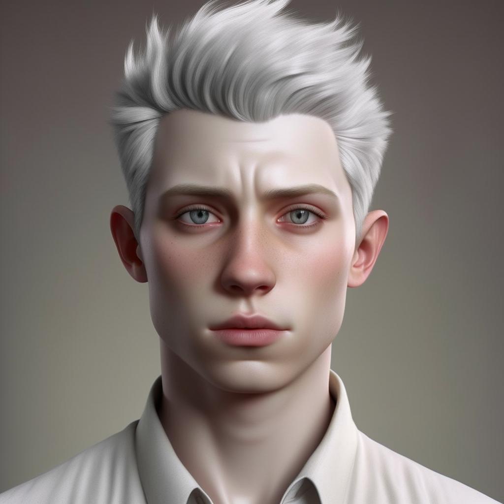 A hyperrealistic portrait of an adult Nate River who is slim, possessing light-colored, oversized, and expressionless eyes. His oval face displaying soft features complements his doll-like pale skin. His silvery-white straight hair falls elegantly with him usually adorned in white clothing.