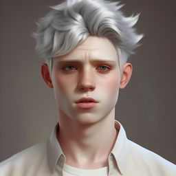 A hyperrealistic portrait of an adult Nate River who is slim, possessing light-colored, oversized, and expressionless eyes. His oval face displaying soft features complements his doll-like pale skin. His silvery-white straight hair falls elegantly with him usually adorned in white clothing.