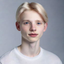 Hyperrealistic portrait of an 18-year-old Nate River. Slim figure, pale skin resembling a doll's complexion, oval face with soft features, expressionless gaze, youthful, silvery-white straight hair, large light-colored eyes. Typically dressed in white.