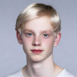 Hyperrealistic portrait of an 18-year-old Nate River. Slim figure, pale skin resembling a doll's complexion, oval face with soft features, expressionless gaze, youthful, silvery-white straight hair, large light-colored eyes. Typically dressed in white.