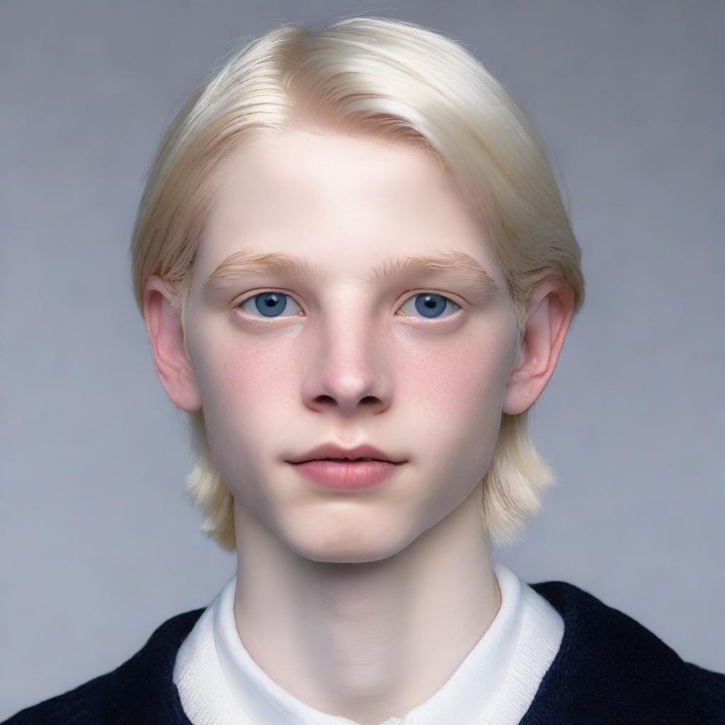 Hyperrealistic portrait of an 18-year-old Nate River. Slim figure, pale skin resembling a doll's complexion, oval face with soft features, expressionless gaze, youthful, silvery-white straight hair, large light-colored eyes. Typically dressed in white.