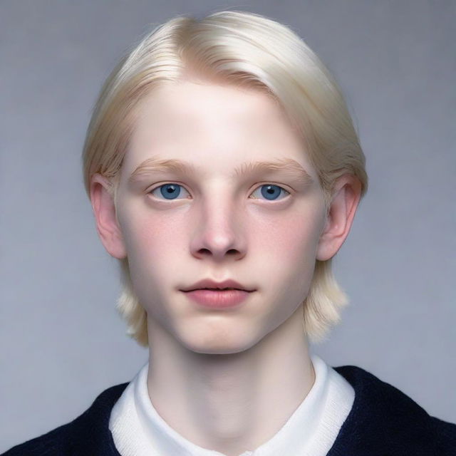 Hyperrealistic portrait of an 18-year-old Nate River. Slim figure, pale skin resembling a doll's complexion, oval face with soft features, expressionless gaze, youthful, silvery-white straight hair, large light-colored eyes. Typically dressed in white.