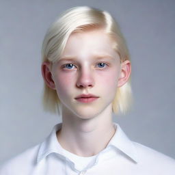 Hyperrealistic portrait of an 18-year-old Nate River. Slim figure, pale skin resembling a doll's complexion, oval face with soft features, expressionless gaze, youthful, silvery-white straight hair, large light-colored eyes. Typically dressed in white.