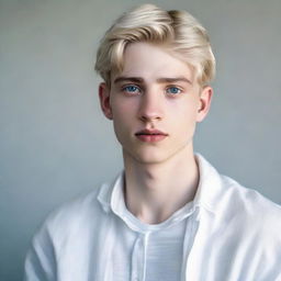 Hyperrealistic portrait of a 21-year-old Nate River. He presents a slim physique, pale doll-like complexion, an oval face with soft features, an expressionless appearance, youthful look, silvery-white straight hair, large light-colored eyes, usually donning white garments.