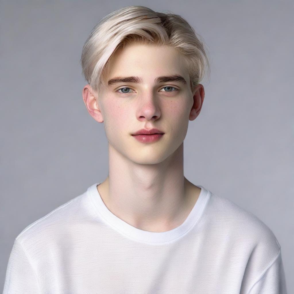 Hyperrealistic portrait of a 21-year-old Nate River. He presents a slim physique, pale doll-like complexion, an oval face with soft features, an expressionless appearance, youthful look, silvery-white straight hair, large light-colored eyes, usually donning white garments.