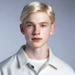 Hyperrealistic portrait of a 21-year-old Nate River. He presents a slim physique, pale doll-like complexion, an oval face with soft features, an expressionless appearance, youthful look, silvery-white straight hair, large light-colored eyes, usually donning white garments.