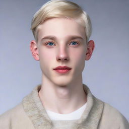 Hyperrealistic portrait of a 21-year-old Nate River. He presents a slim physique, pale doll-like complexion, an oval face with soft features, an expressionless appearance, youthful look, silvery-white straight hair, large light-colored eyes, usually donning white garments.