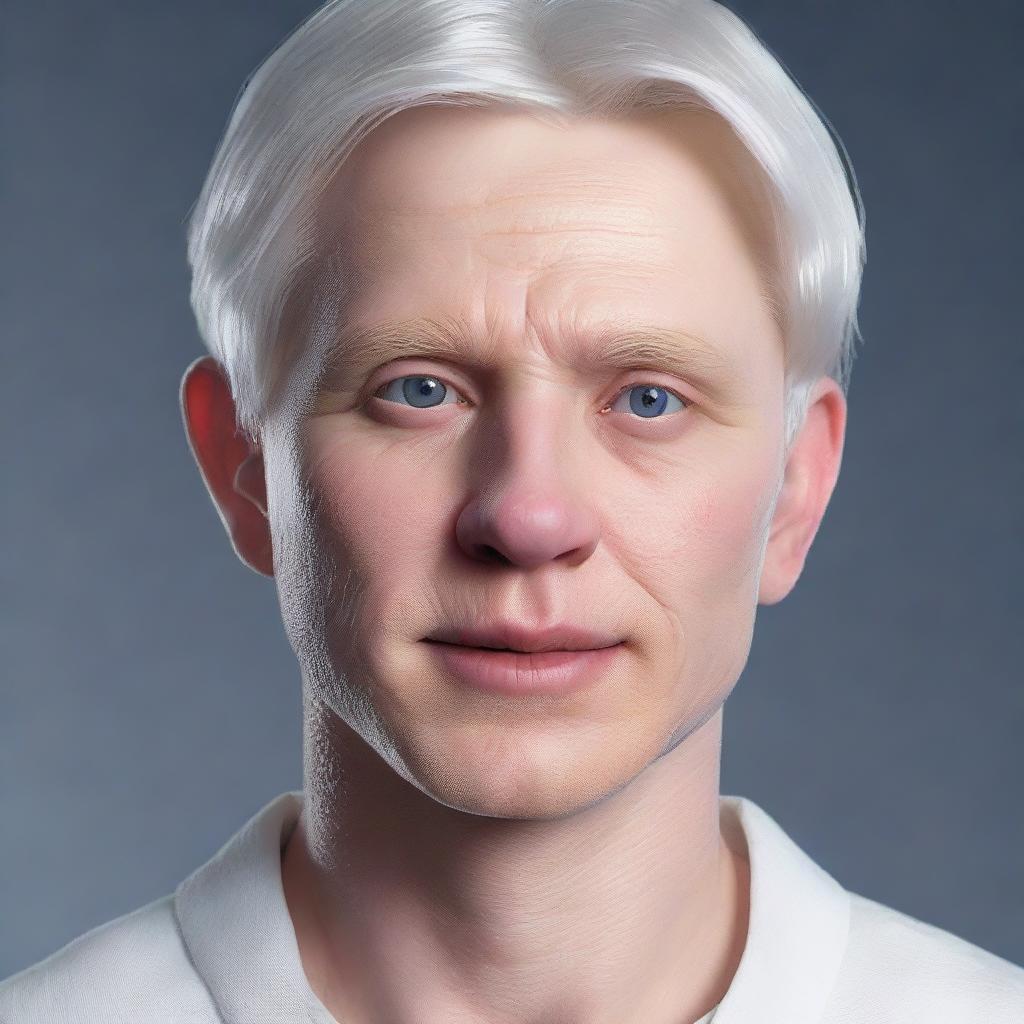 Hyperrealistic portrait of Nate River, a slim young adult with pale, doll-like skin. He has an oval face with soft features and a typically expressionless look. He has silvery-white straight hair and large, light-colored eyes. He is dressed in white clothing.