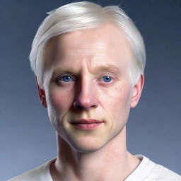 Hyperrealistic portrait of Nate River, a slim young adult with pale, doll-like skin. He has an oval face with soft features and a typically expressionless look. He has silvery-white straight hair and large, light-colored eyes. He is dressed in white clothing.