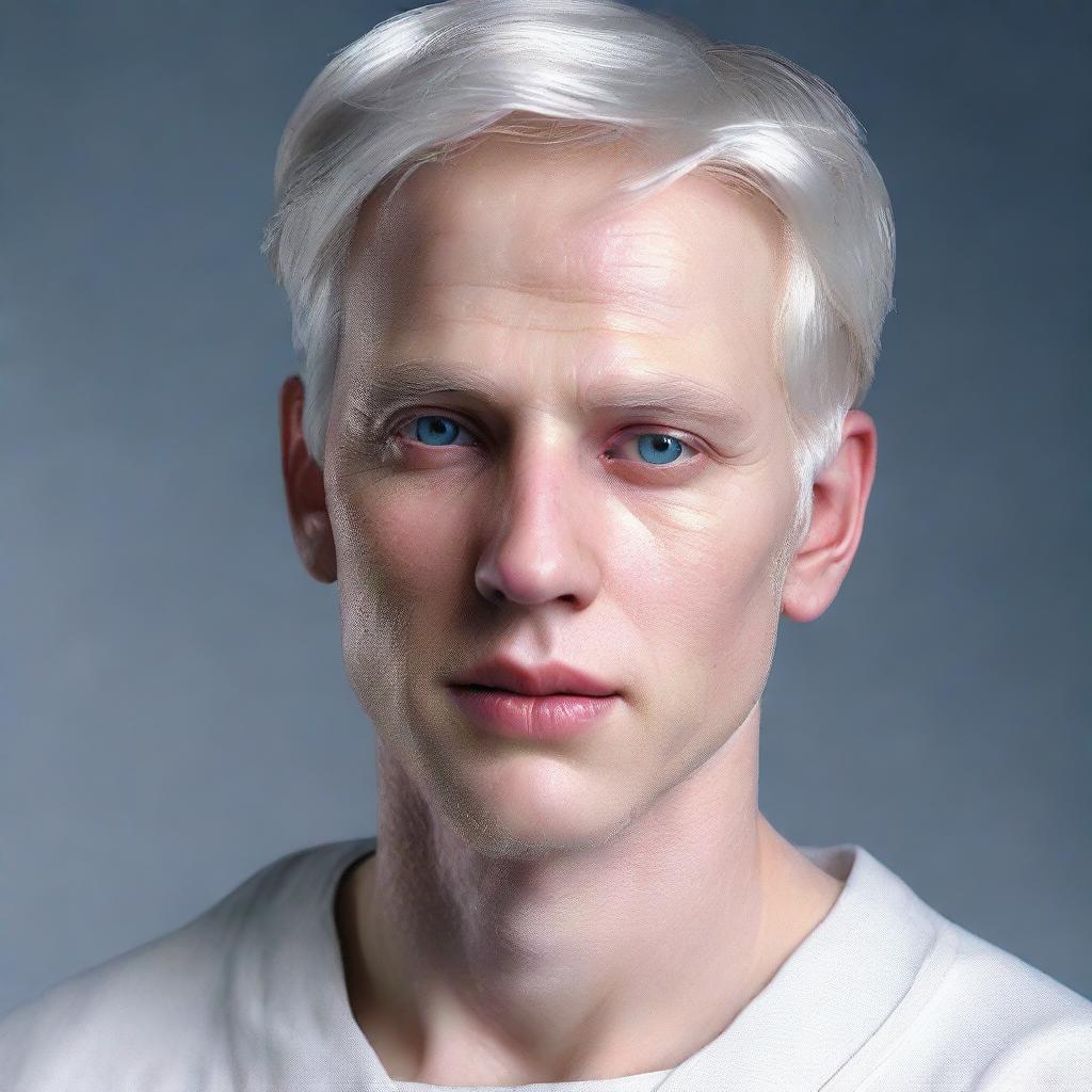 Hyperrealistic portrait of Nate River, a slim young adult with pale, doll-like skin. He has an oval face with soft features and a typically expressionless look. He has silvery-white straight hair and large, light-colored eyes. He is dressed in white clothing.