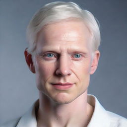 Hyperrealistic portrait of Nate River, a slim young adult with pale, doll-like skin. He has an oval face with soft features and a typically expressionless look. He has silvery-white straight hair and large, light-colored eyes. He is dressed in white clothing.