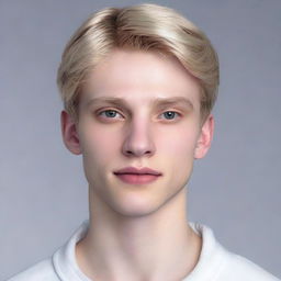 Hyperrealistic portrait of a 21-year-old, Nate River. Features include slim physique, pale skin with a doll-like complexion, oval shaped face with soft traits, a consistent expressionless look, youthful appearance, silvery-white straight hair, significantly large light-colored eyes, and often seen in white attire.