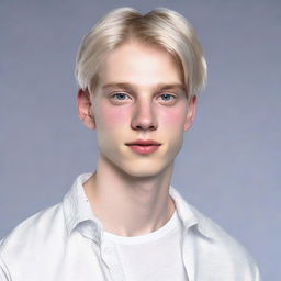 Hyperrealistic portrait of a 21-year-old, Nate River. Features include slim physique, pale skin with a doll-like complexion, oval shaped face with soft traits, a consistent expressionless look, youthful appearance, silvery-white straight hair, significantly large light-colored eyes, and often seen in white attire.