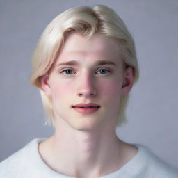 Hyperrealistic portrait of a 21-year-old, Nate River. Features include slim physique, pale skin with a doll-like complexion, oval shaped face with soft traits, a consistent expressionless look, youthful appearance, silvery-white straight hair, significantly large light-colored eyes, and often seen in white attire.