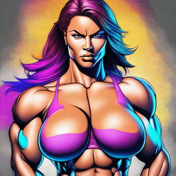 A digital art of a muscular woman with a well-endowed bust, showcasing her strength and confidence