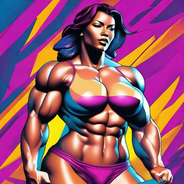 A digital art of a muscular woman with a well-endowed bust, showcasing her strength and confidence