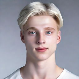 Hyperrealistic portrait of a 21-year-old, Nate River. Features include slim physique, pale skin with a doll-like complexion, oval shaped face with soft traits, a consistent expressionless look, youthful appearance, silvery-white straight hair, significantly large light-colored eyes, and often seen in white attire.