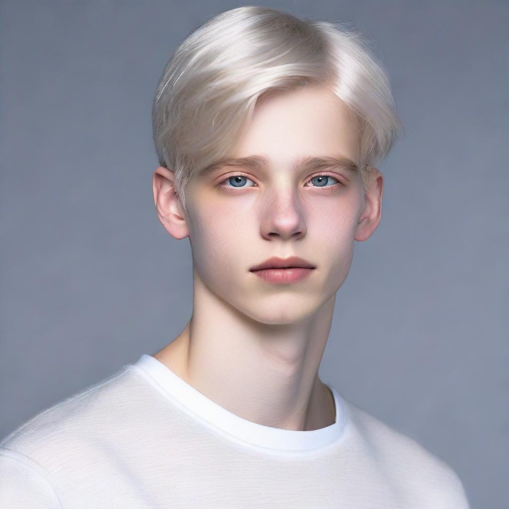 Hyperrealistic portrait of an 18-year-old Nate River. Slim profile, pale skin with doll-like complexion, v-shaped face with gentle features, expressionless demeanor, youthful aura, straight silvery-white hair, large light-colored eyes. Typically attired in white.