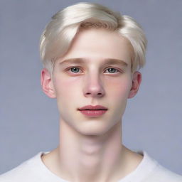 Hyperrealistic portrait of an 18-year-old Nate River. Slim profile, pale skin with doll-like complexion, v-shaped face with gentle features, expressionless demeanor, youthful aura, straight silvery-white hair, large light-colored eyes. Typically attired in white.