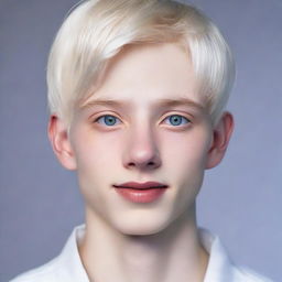 Hyperrealistic portrait of an 18-year-old Nate River. Slim profile, pale skin with doll-like complexion, v-shaped face with gentle features, expressionless demeanor, youthful aura, straight silvery-white hair, large light-colored eyes. Typically attired in white.