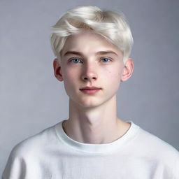 Hyperrealistic portrait of an 18-year-old Nate River. Slim profile, pale skin with doll-like complexion, v-shaped face with gentle features, expressionless demeanor, youthful aura, straight silvery-white hair, large light-colored eyes. Typically attired in white.