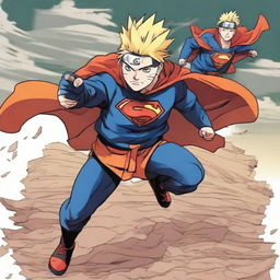 Illustrate Naruto, the anime character, transitioning into Superman, the iconic superhero. Both characters are mid-transformation, revealing distinct elements of Naruto and Superman.