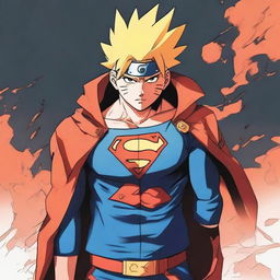 Illustrate Naruto, the anime character, transitioning into Superman, the iconic superhero. Both characters are mid-transformation, revealing distinct elements of Naruto and Superman.