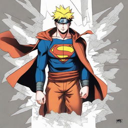 Illustrate Naruto, the anime character, transitioning into Superman, the iconic superhero. Both characters are mid-transformation, revealing distinct elements of Naruto and Superman.